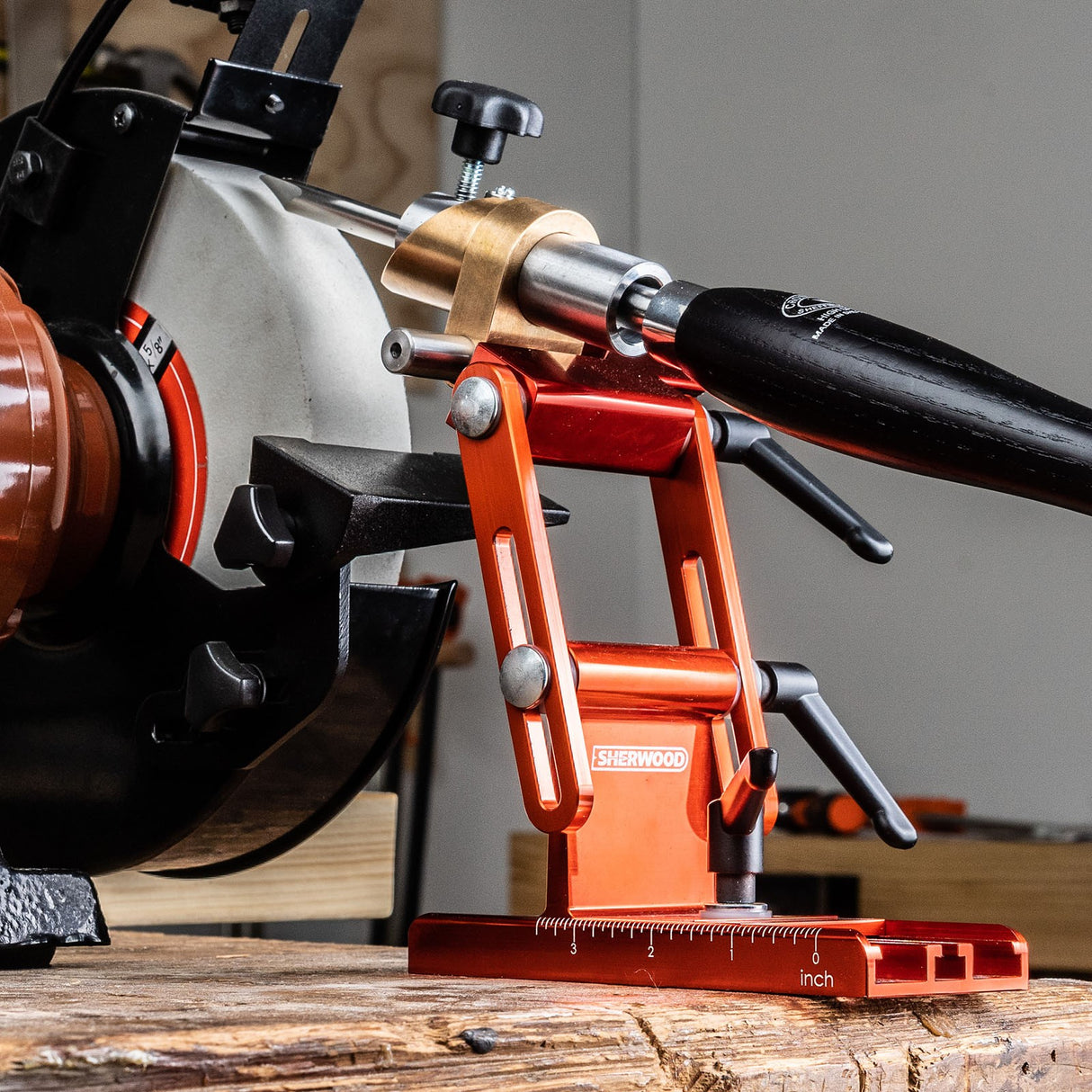 Sherwood Heligrind 2.0 Toolrest Jig for Bench Grinders in packaging, showing attachments for versatile tool sharpening