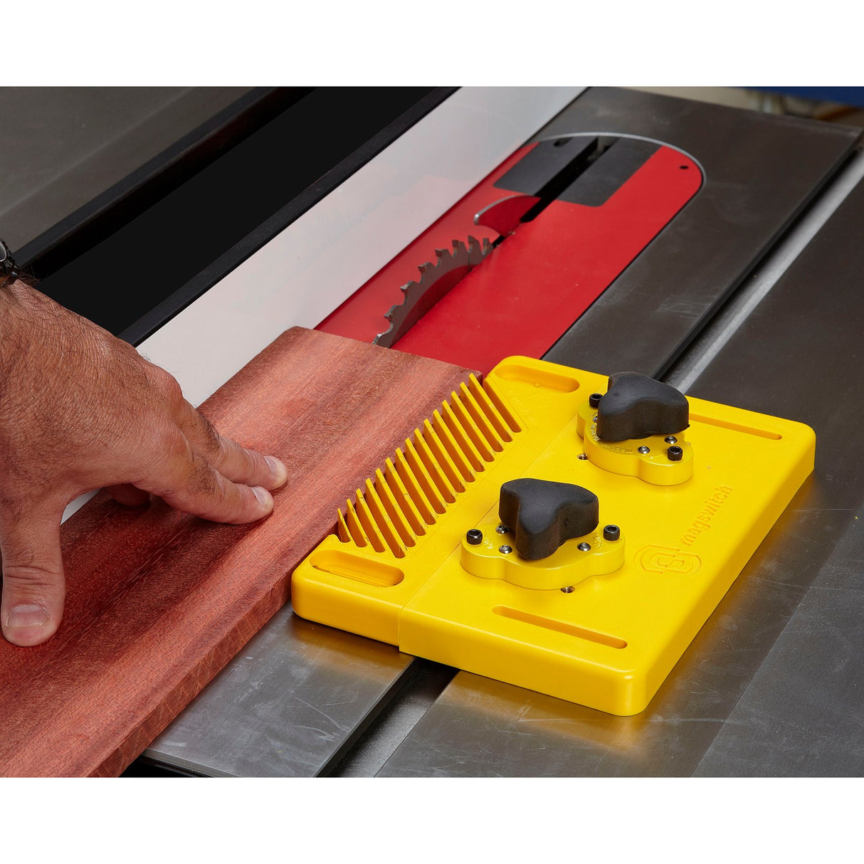 Magswitch Reversible Magnetic Featherboard Starter Kit Plus Vertical Featherboard in use on woodworking table