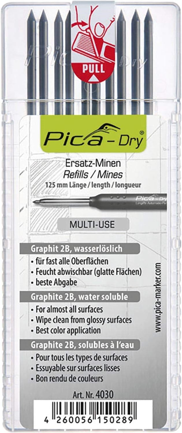 Pica Pack of 10 Graphite 2B Lead Refills for Dry Automatic Pencil - Set of 10 x graphite 2B leads for drawing and shading