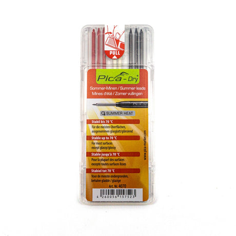 Pica Summer Heat Resistant Lead Refills - Set of 8 assorted leads in graphite, red, and white. Water resistant, stable up to 70°C