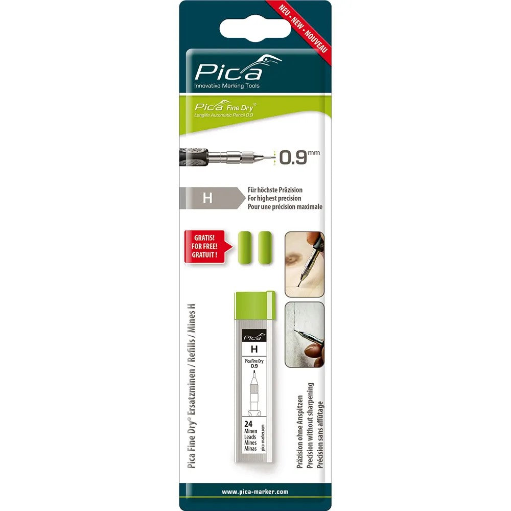 Pica Pack of 24 H Lead Refills for Dry Fine Automatic Pencil - Detail view of graphite lead refills in packaging