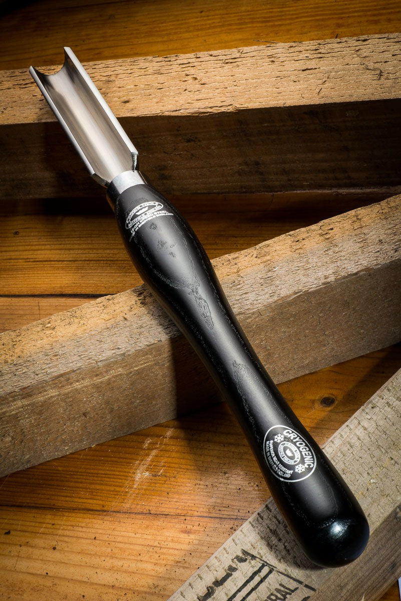 Crown 32mm Roughing Gouge M2 Cryogenic Steel Woodturning Tool in action on timber block