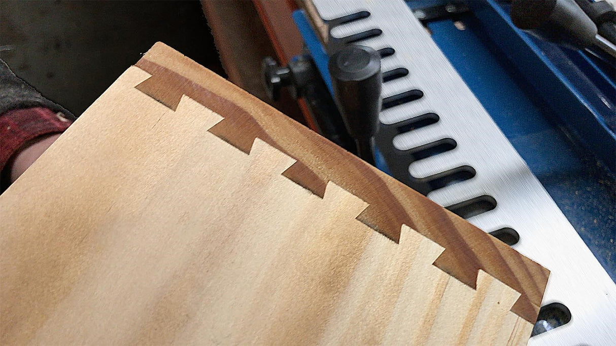 Baladonia 1/2in Half-Blind Dovetail Template shown in use with Dovetail Jig