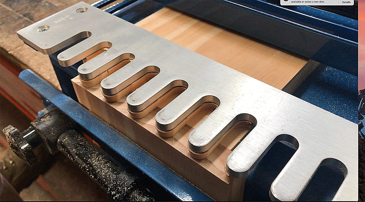 Baladonia 1/2in Half-Blind Dovetail Template for 12in Dovetail Jig in action with wood piece