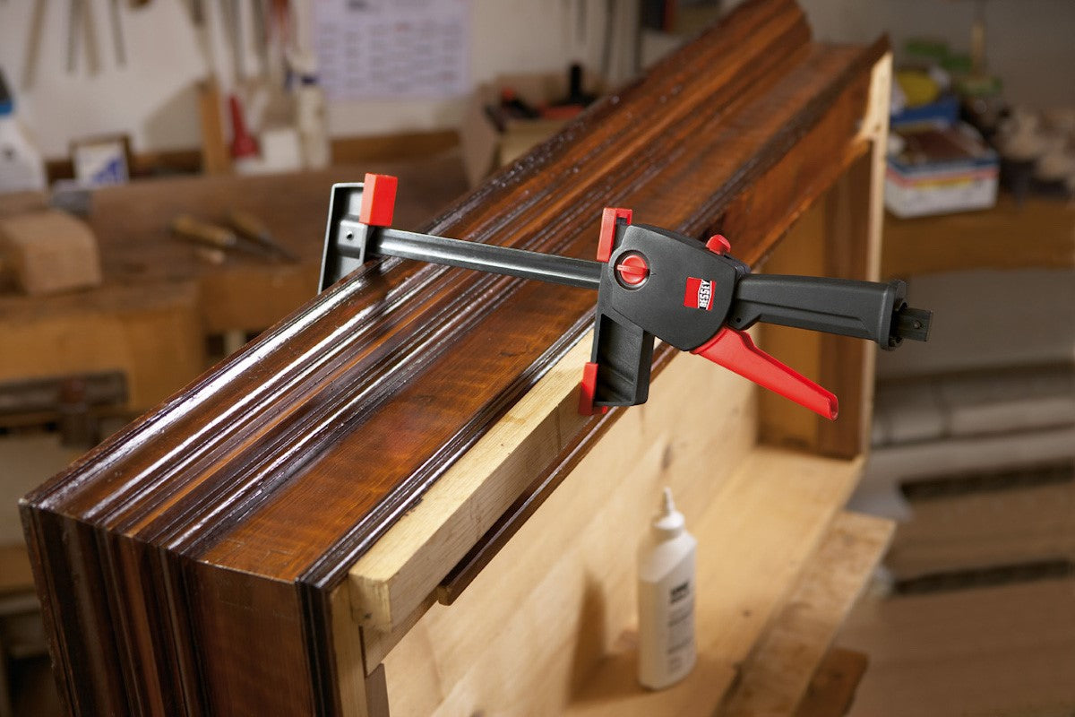 Bessey DuoKlamp 450mm Capacity woodworking clamp in action, demonstrating easy-to-use one-handed design