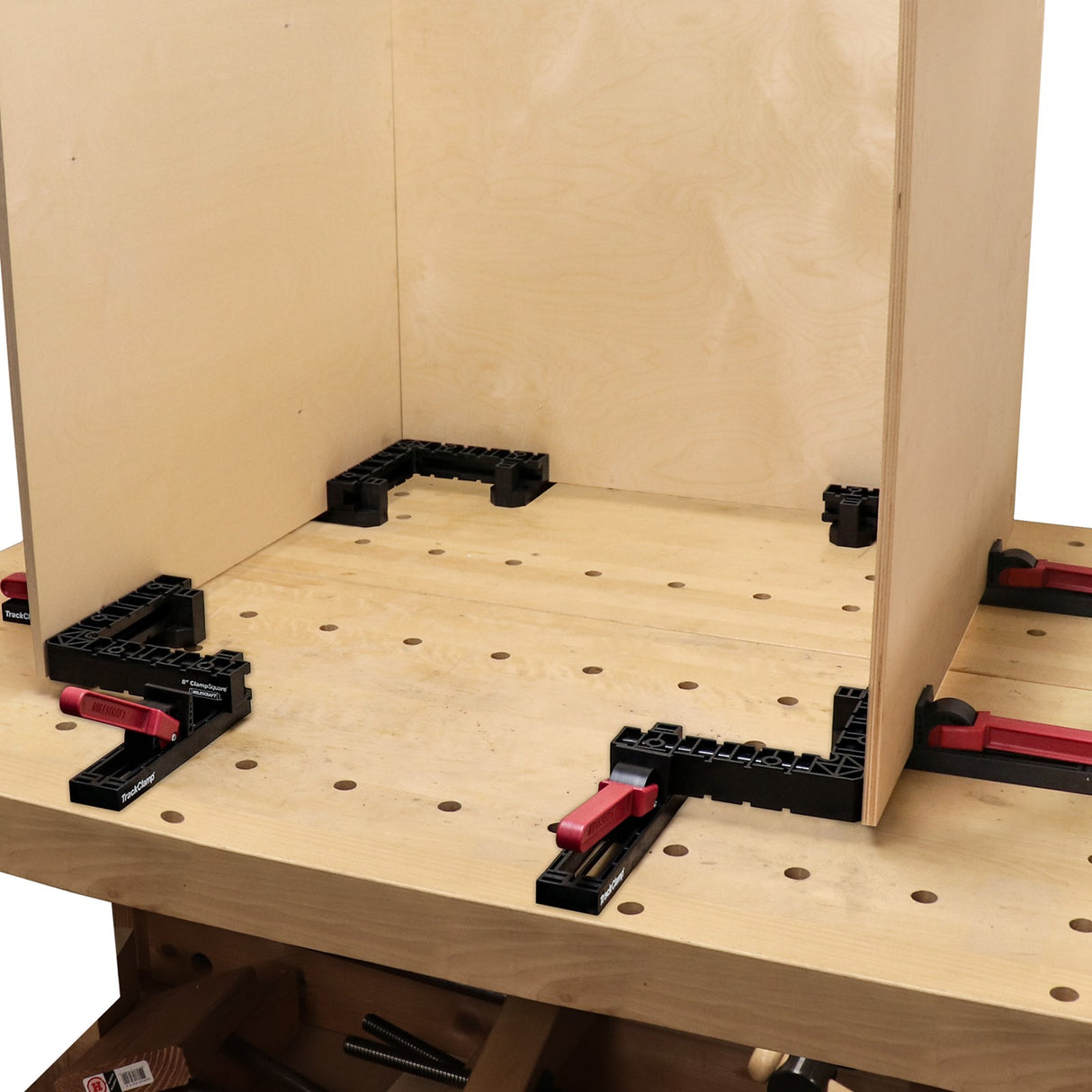 Milescraft TrackClampKit 8in Clamp Square in action, securing projects at perfect right angles with track clamps and supports