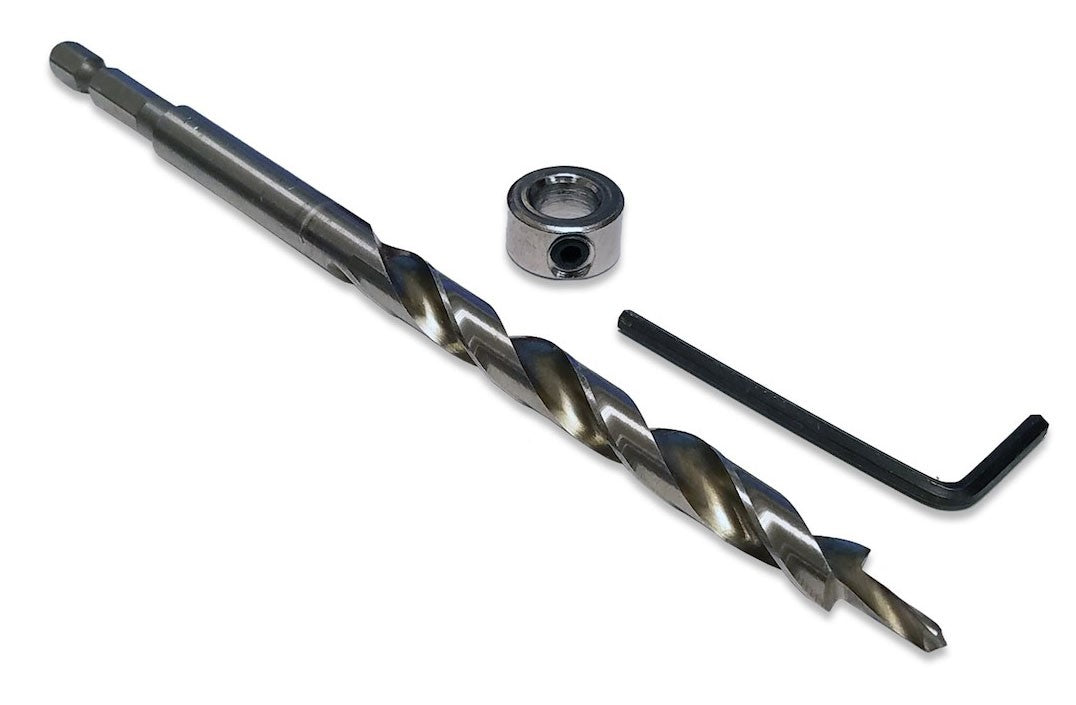 Milescraft PocketBit Pocket Hole Stepped Drill Bit and Stop Collar in use, showcasing high-speed steel quality