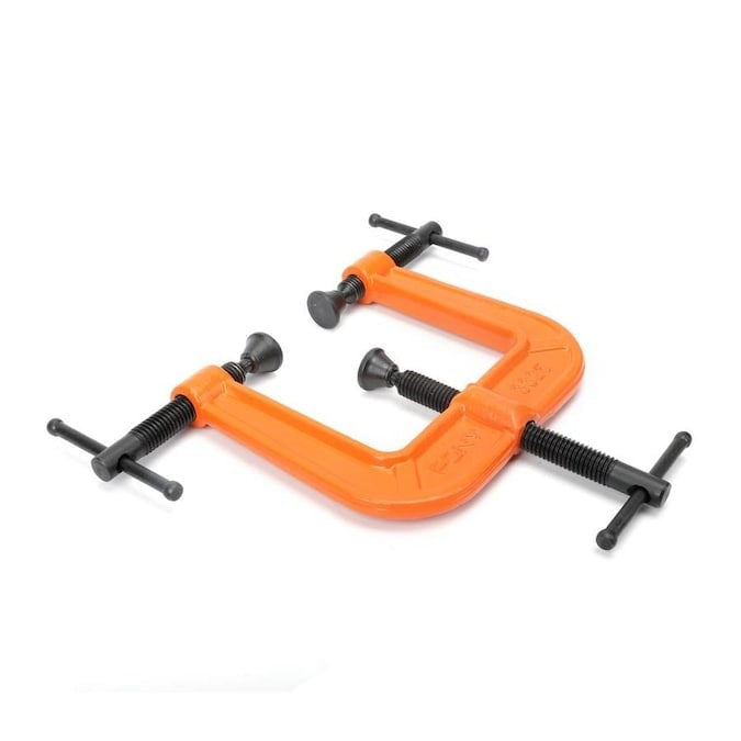 Pony Jorgensen 3-way edging clamp showing ribbed ductile iron frame for edge banding