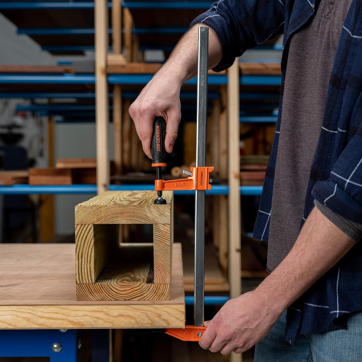 Pony Jorgensen 4 Light Duty Quick Action Clutched F Clamps in use on woodworking project