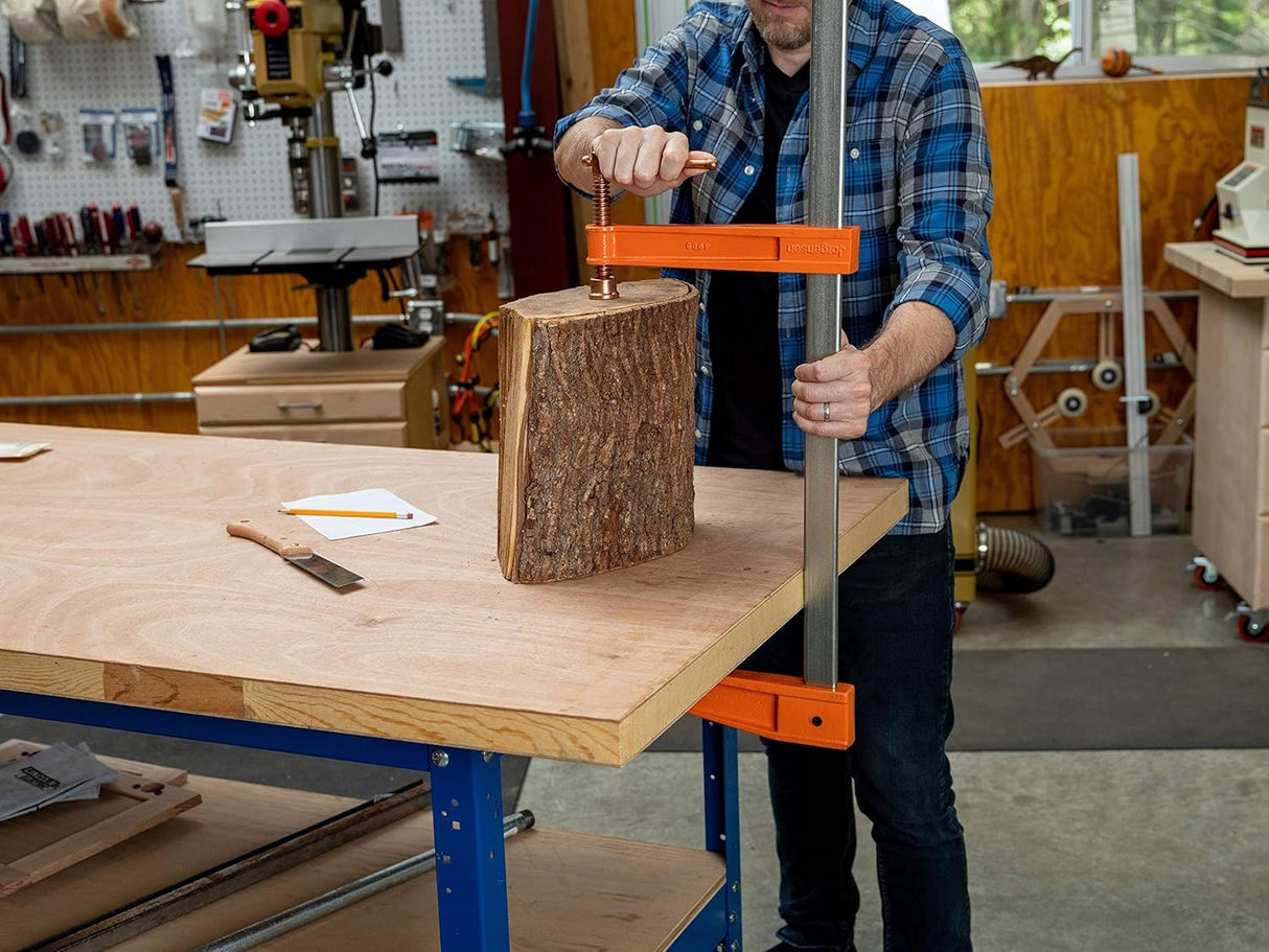 Pony Jorgensen Deep Reach Clamp 9in (228mm) Throat 915mm Capacity in use on wooden workbench