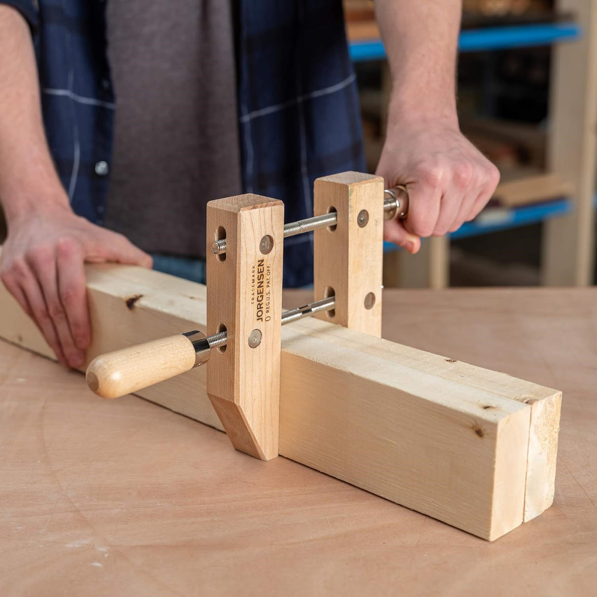 Pony Jorgensen set of 3 classic wooden hand screw clamps, 6in, showing adjustable jaws for broad area grip