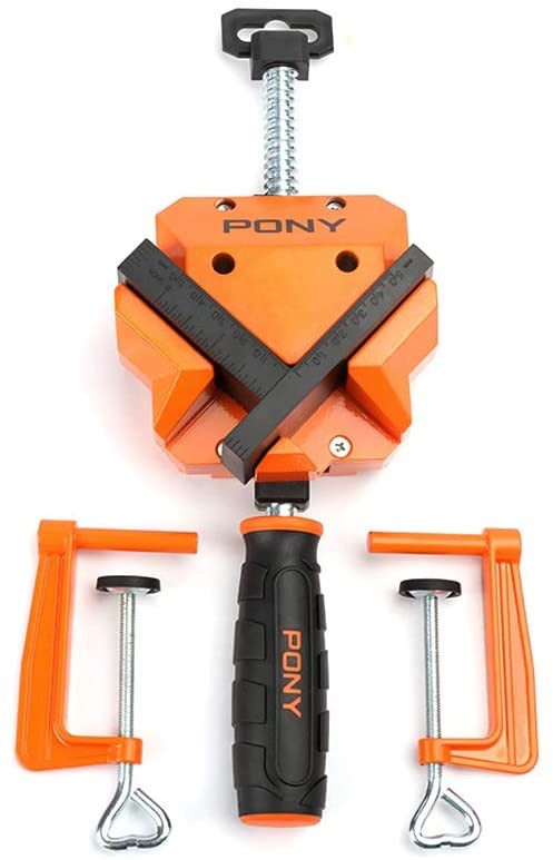 Pony Jorgensen angle clamps with table clamps in use on woodworking project