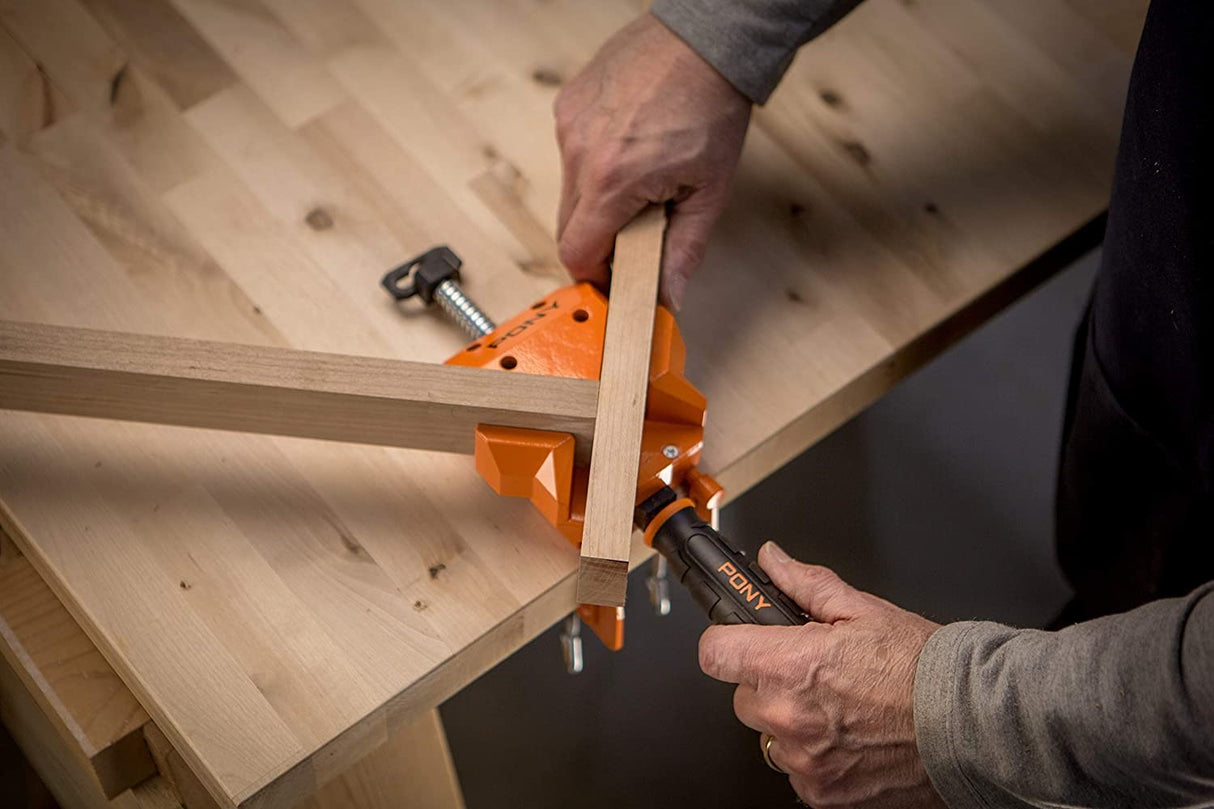 Pony Jorgensen Angle Clamps with Table Clamps, plastic-coated die-cast jaws, rear jaw swivels for adjustments, ideal for framing and cabinet assembly