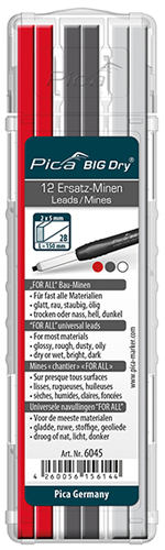 Assorted lead refills for Big Dry Construction Pencil pack of 12 in graphite, red, and white. Suitable for various surfaces