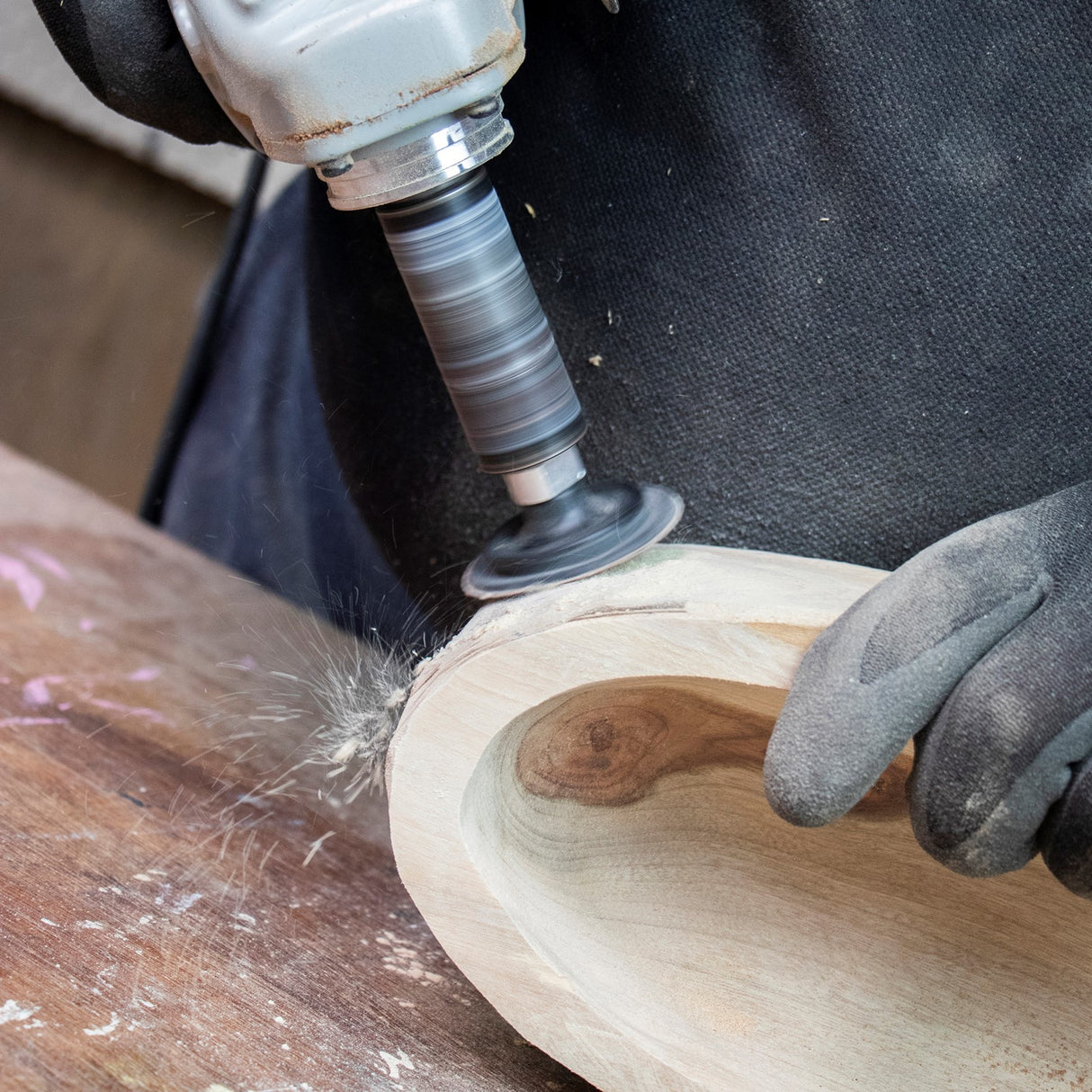 Arbortech Rubber Pad Assembly in use with Contour Sander Attachment, enhancing sanding disc lifespan and timber moulding