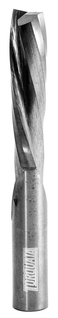 Torquata Spiral Downcut Router Bits 1/2in Shank Solid Carbide in action, showing precision spiral geometry and hardness of carbide