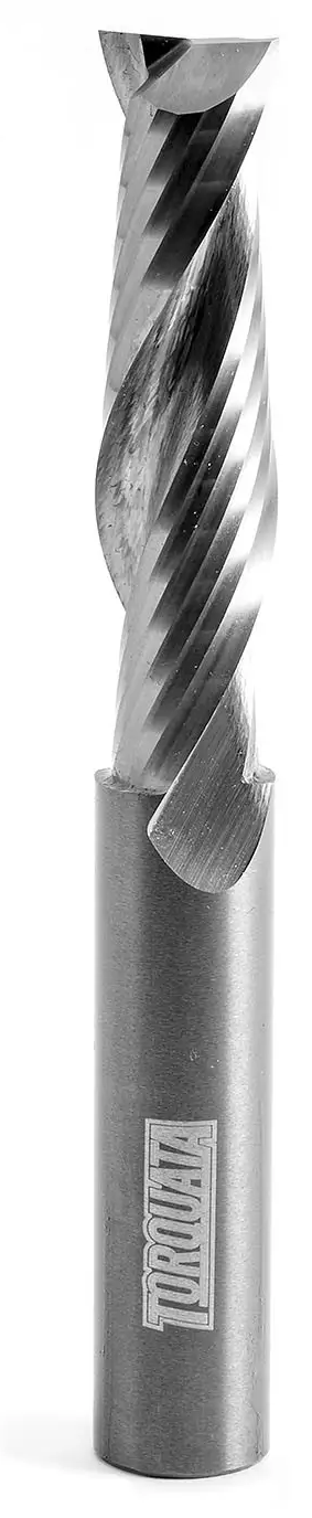 Solid carbide spiral router bit for woodworking, ideal for all timber types including melamine and MDF