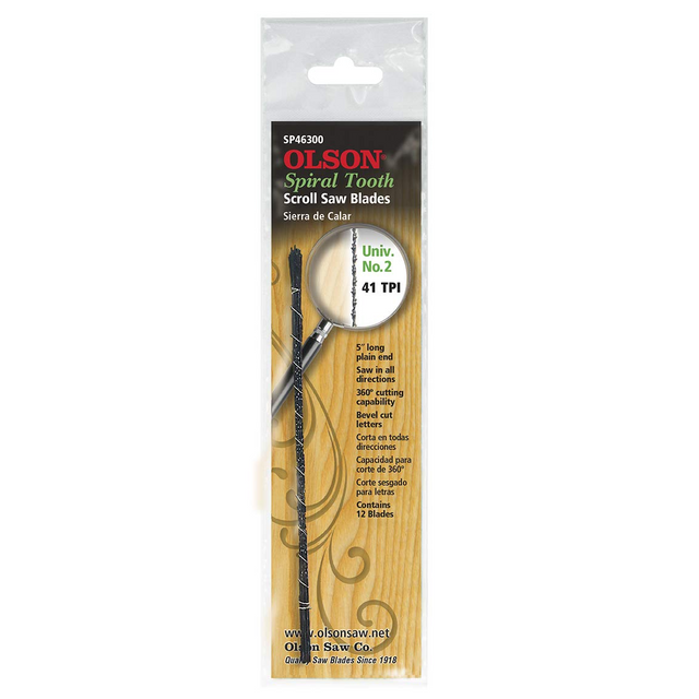 Olson Spiral Scroll Saw Blade 41TPI UN 2 Pinless in action, making precise cuts effortlessly