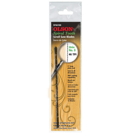 Olson Spiral Scroll Saw Blade 46TPI UN 0 cutting through wood with precision