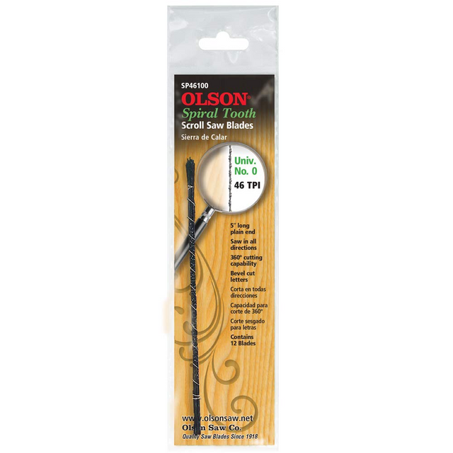 Olson Spiral Scroll Saw Blade 46TPI UN 0 cutting through wood with precision