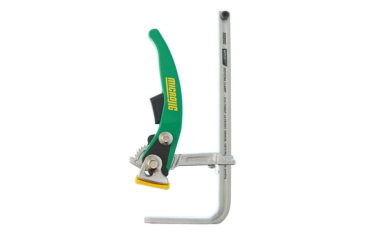 Microjig Matchfit Dovetail Ratchet Clamp AP with Anti-Pivot Spring holding arm position securely