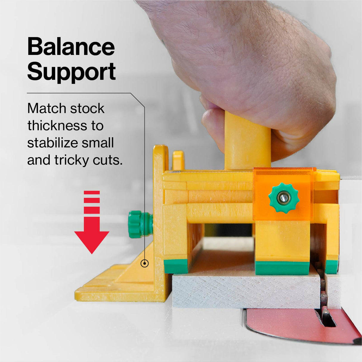MicroJig GRR-Ripper+ 3D Push Block in use on a woodworking machine