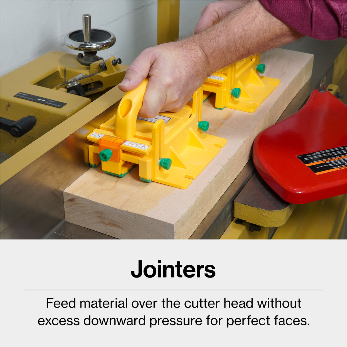 MicroJig GRR-Ripper+ 3D Push Block in action on a jointer machine