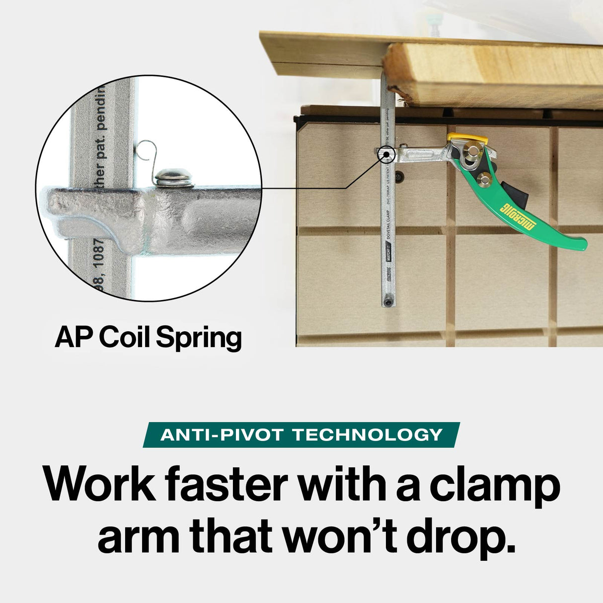 Microjig Matchfit Dovetail Ratchet Clamp AP in action with Anti-Pivot AP Spring holding arm in place, defying gravity