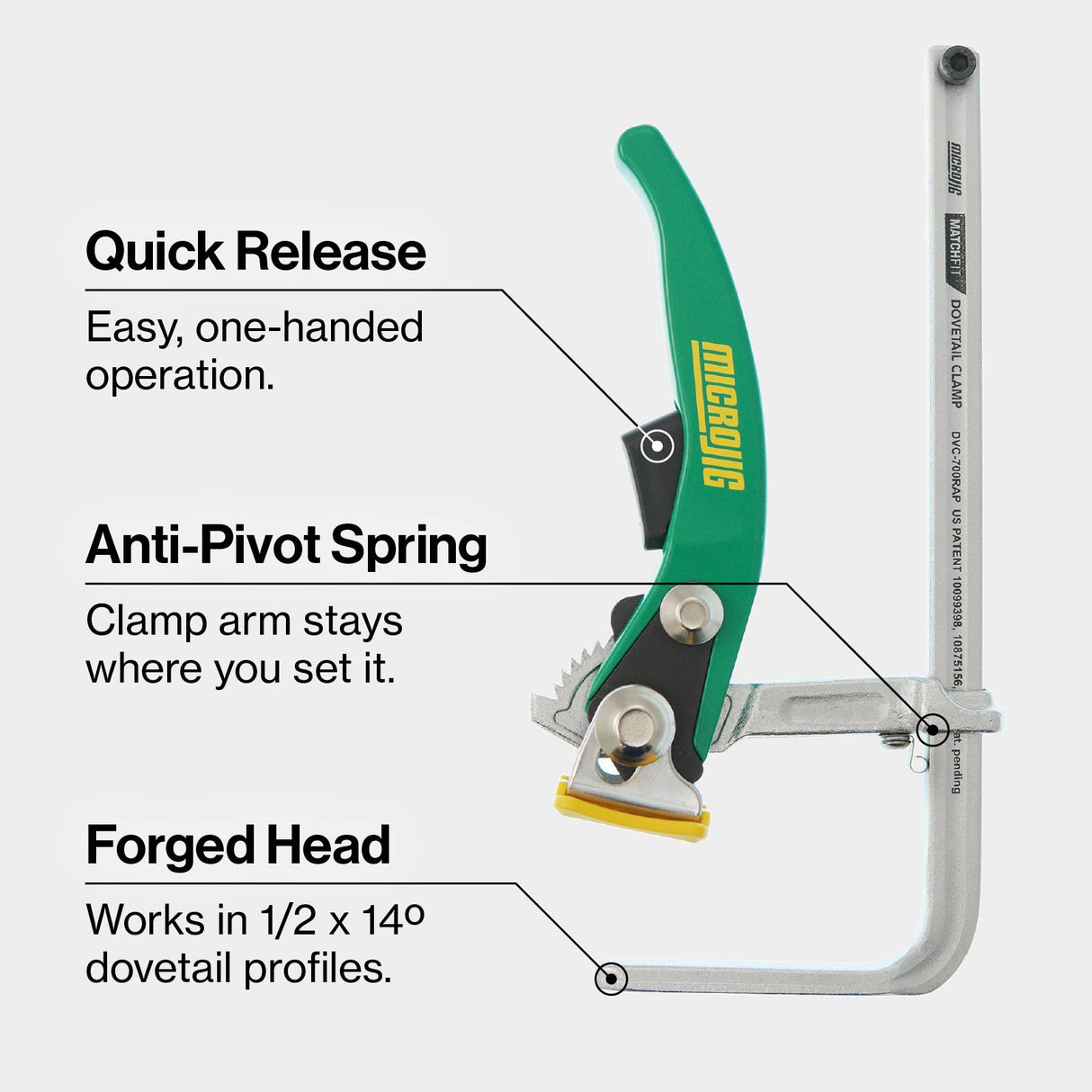 Microjig Matchfit Dovetail Ratchet Clamp AP in action, showcasing the unique Anti-Pivot Spring feature