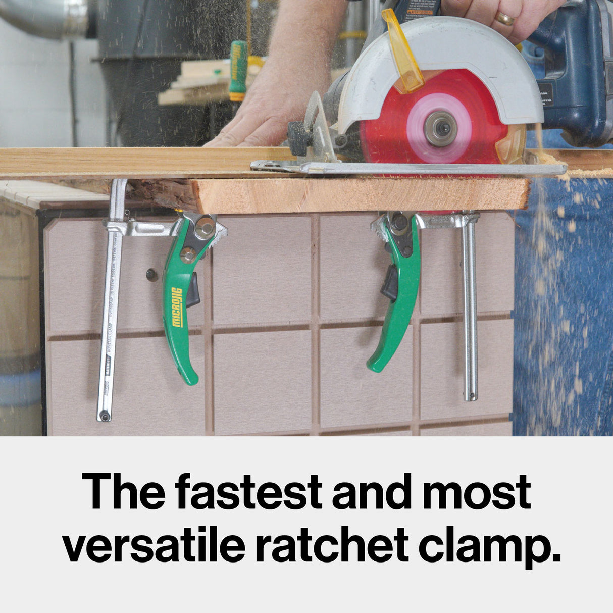 Microjig Matchfit Dovetail Ratchet Clamp AP in action, demonstrating the exclusive "Anti-Pivot" AP Spring feature