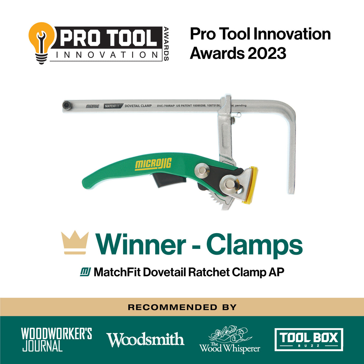 Microjig Matchfit Dovetail Ratchet Clamp AP in action with Anti-Pivot AP Spring holding arm in place