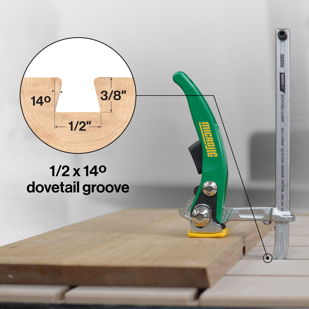Microjig Matchfit Dovetail Ratchet Clamp AP in use with Anti-Pivot AP Spring holding arm in place