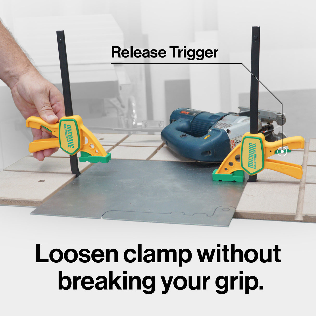 MicroJig Matchfit Quick Squeeze Dovetail Clamp in use with grooved anti-mar clamp pad