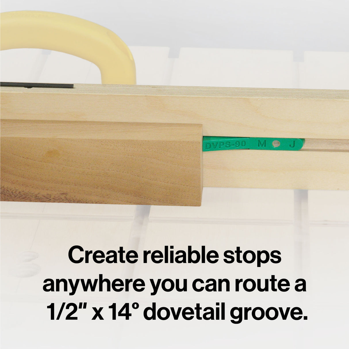 Microjig Matchfit Pop-stop for Dovetail Tracks, 14-degree by 1/2" grooves compatibility, retractable design in use