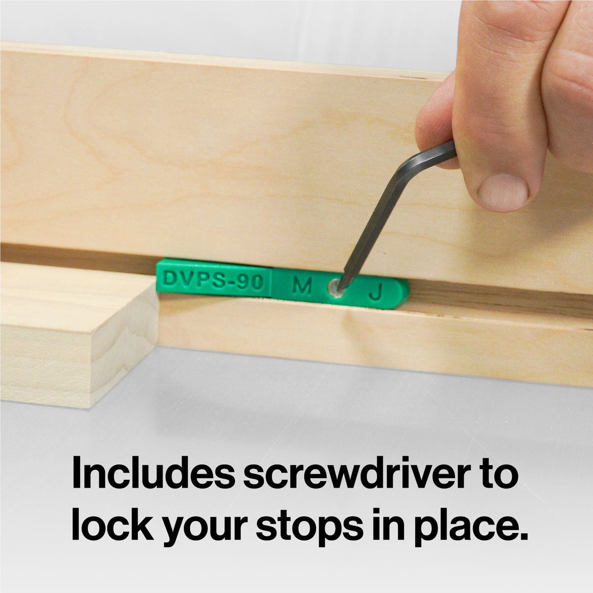 Microjig Matchfit Pop-stop in use on dovetail track, flexes down when covered