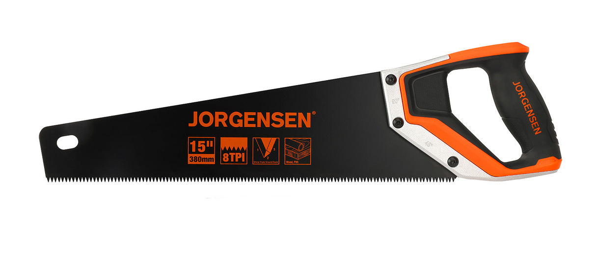 Pony Jorgensen 15in handsaw with 8TPI M2 steel blade and Teflon coating, ideal for aggressive cutting tasks