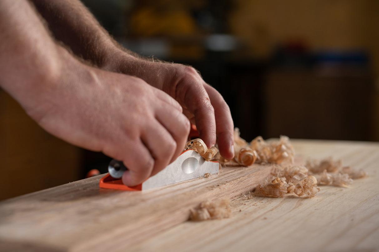 Pony Jorgensen Low-Angle Block Plane in use, showcasing precise trimming capabilities