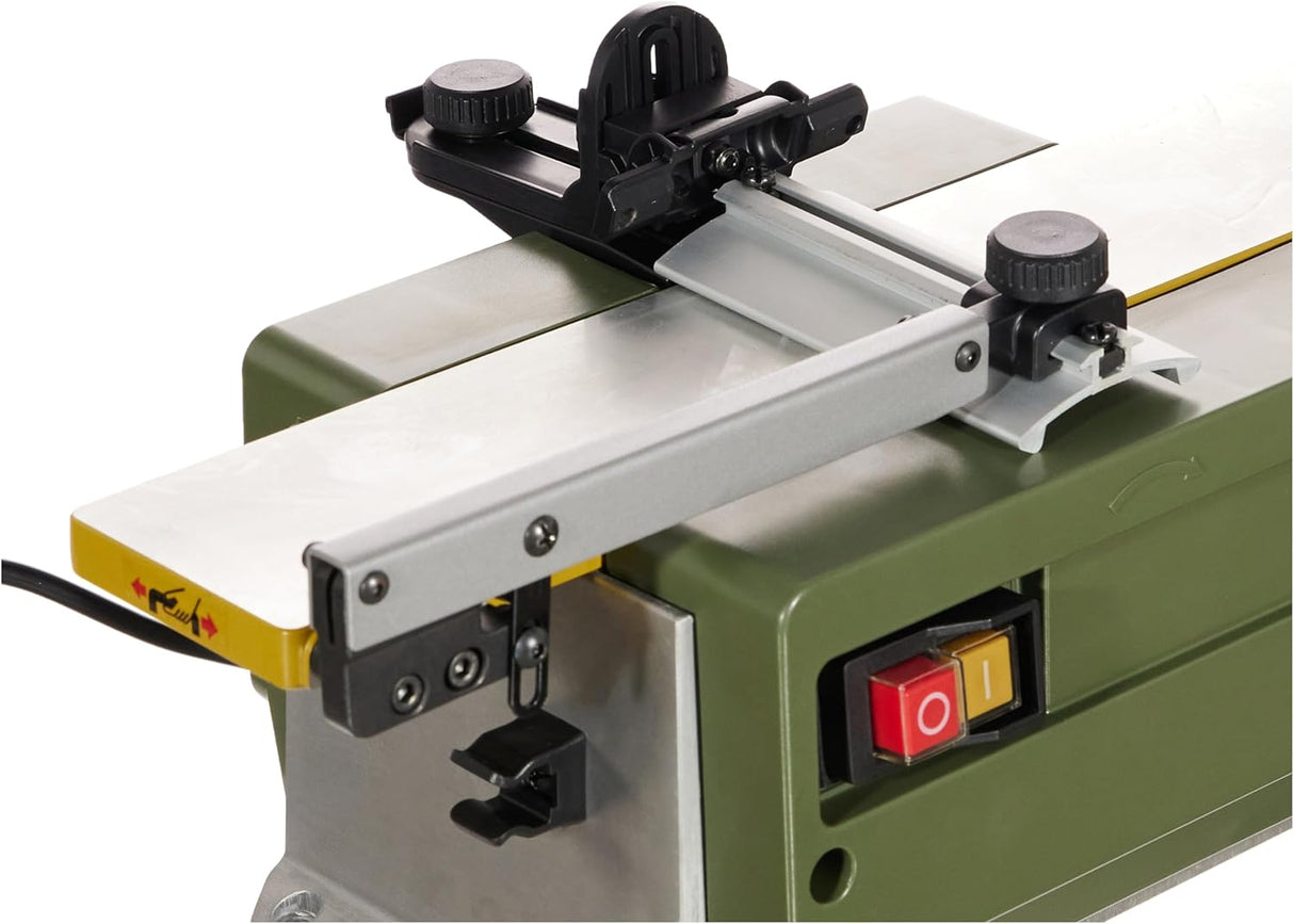 Compact PROXXON AH-80 Micro Jointer Surface Planer with 80mm straight blade in action on wood surface