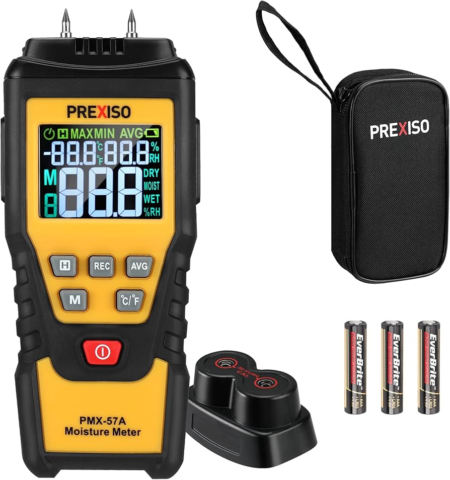 Australian woodworking tools store: Prexiso Moisture Meter Pinned Resistance with Case in use on a timber surface