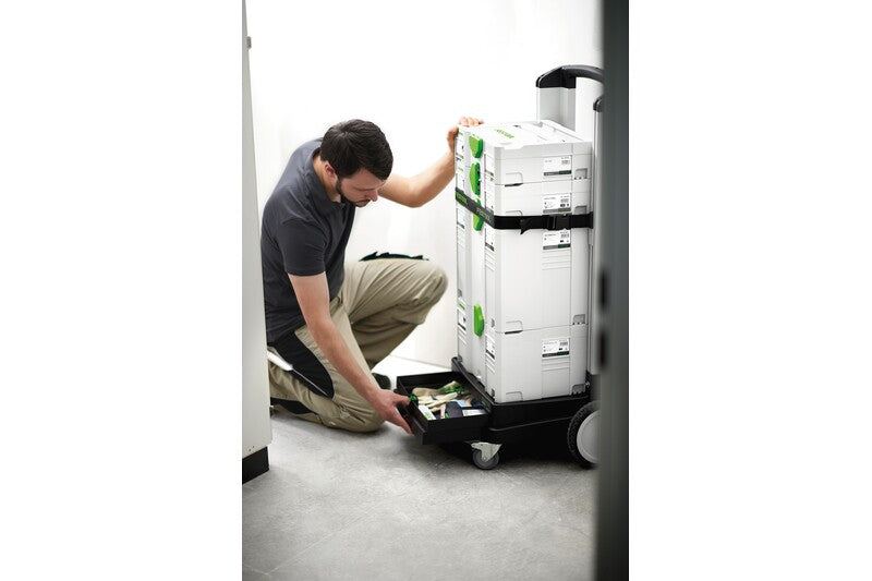 Festool SYS-ROLL Mobile Cart with large wheels for easy stair movement and swivelling front castors for steering control