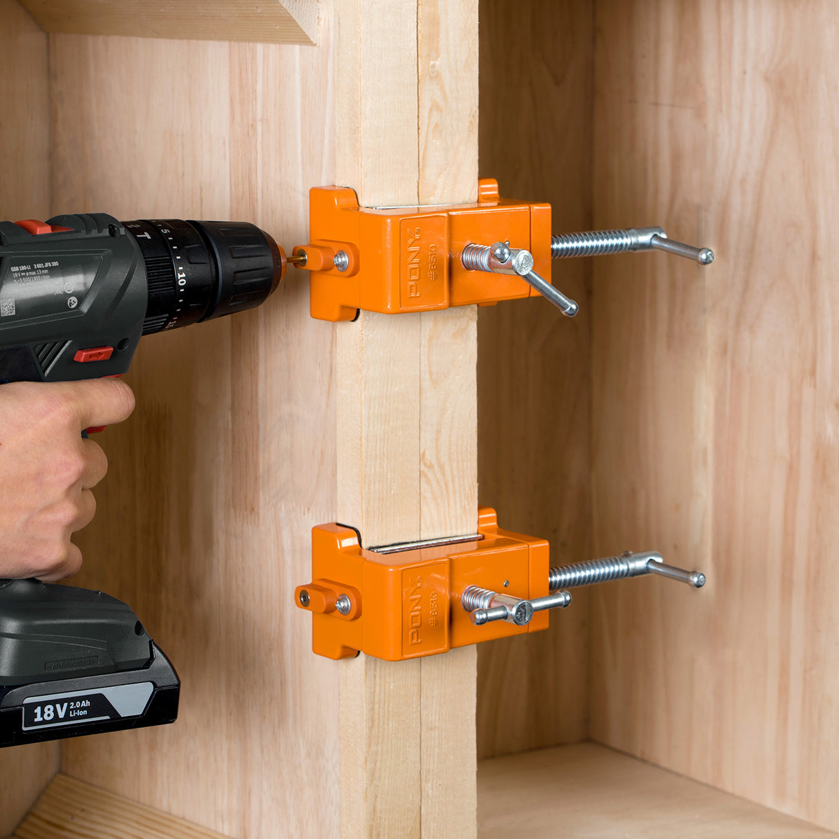 Pony Jorgensen Cabinet Claw Installation Clamp in use on face frame cabinet stile for easy alignment and fastening