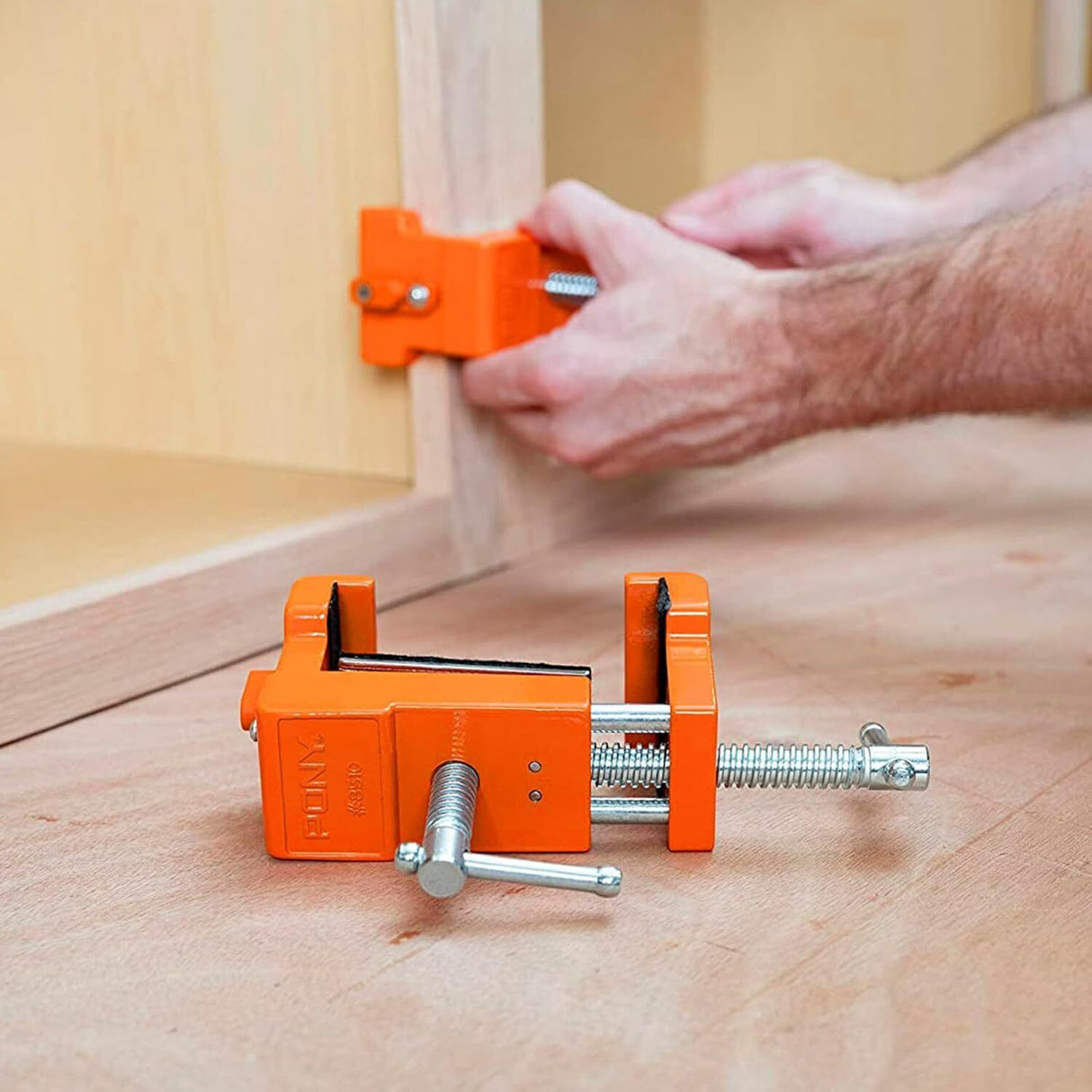 Pony Jorgensen Cabinet Claw Installation Clamp - 2 Pack in use on face frame cabinet installation