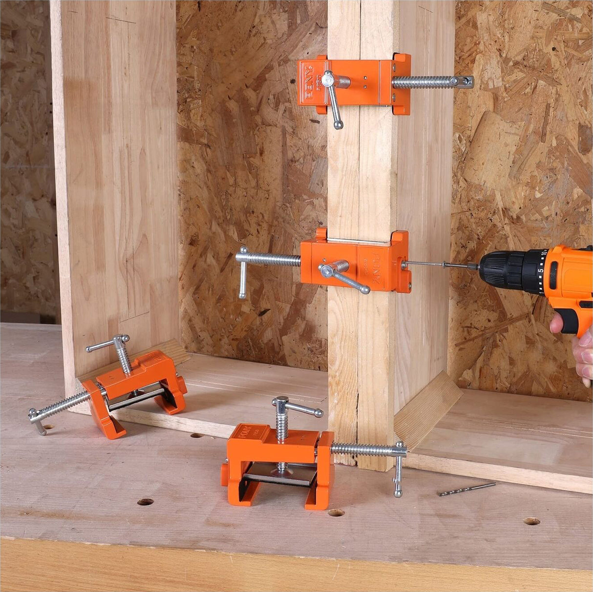 Pony Jorgensen Cabinet Claw Installation Clamp used for face frame cabinet installation, showing clamp in use on a cabinet stile