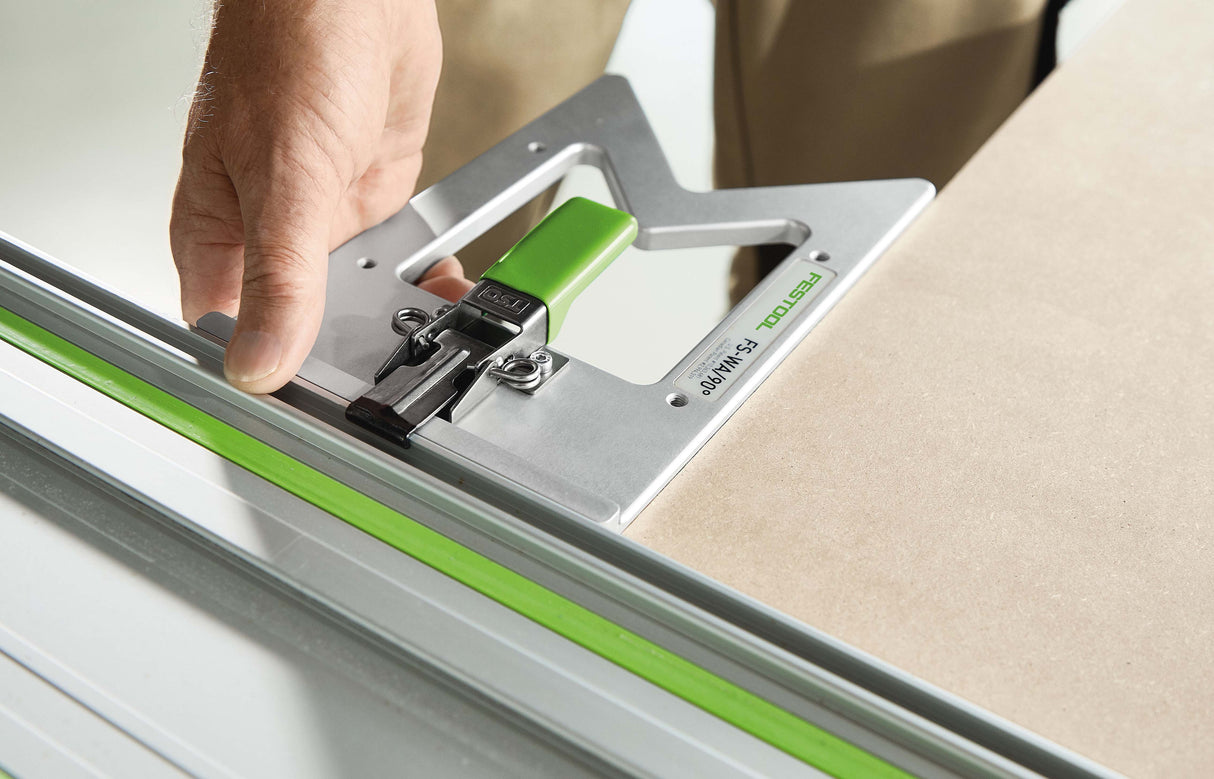 Festool FS 90 Degree Guide Rail Square in use for precise perpendicular cuts on woodworking project