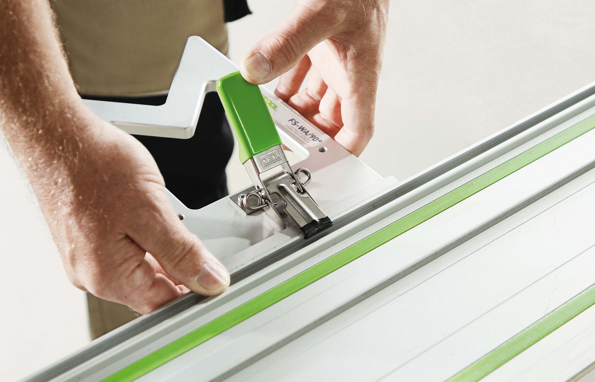 Festool FS 90 Degree Guide Rail Square in use on timber board, ensuring precise perpendicular cuts for woodworking projects