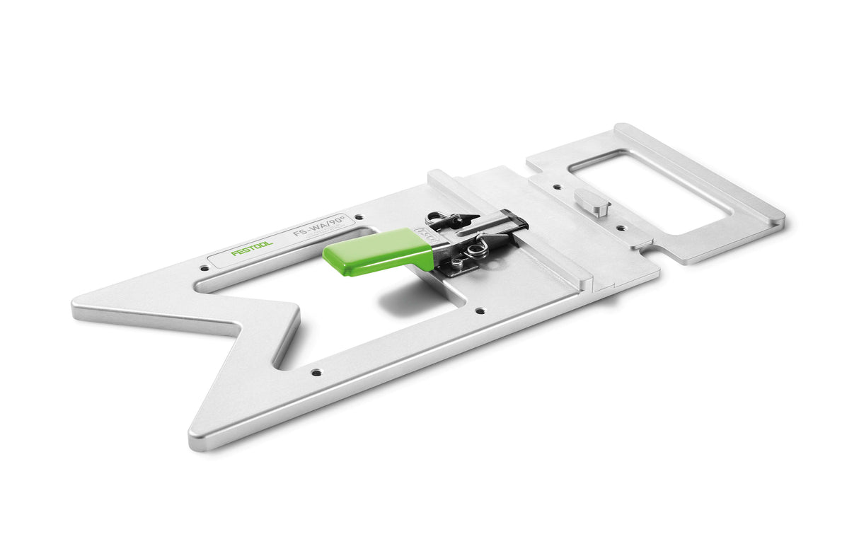 Festool FS 90 Degree Guide Rail Square in action attached to FS Guide Rail, ensuring precise perpendicular cuts without readjustments