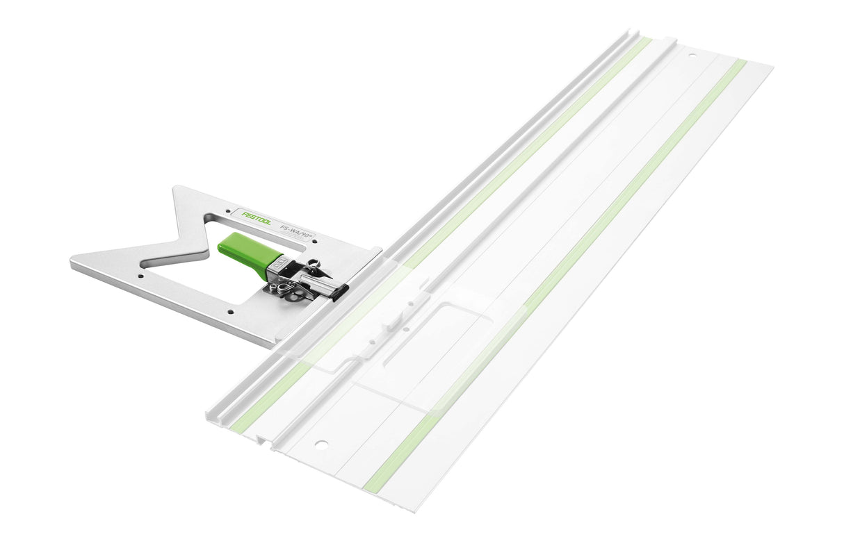Festool FS 90 Degree Guide Rail Square attached to FS Guide Rail, showing precise aluminium stop for perpendicular cuts