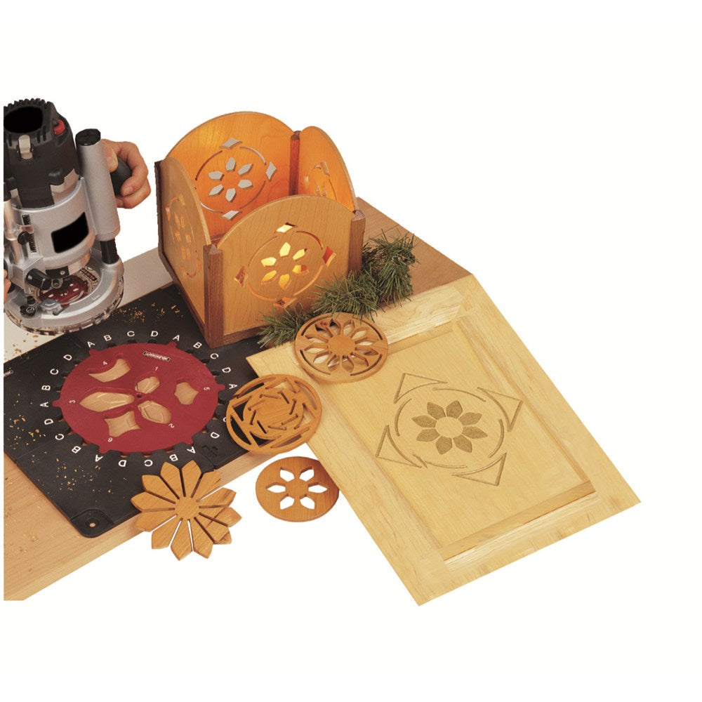 Milescraft Design & Inlay Kit showcasing SpiroCrafter templates for woodworking routers