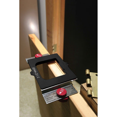 Milescraft Door Hinge Morticing Set in action, showing precise router bit cutting for door hinge mortices