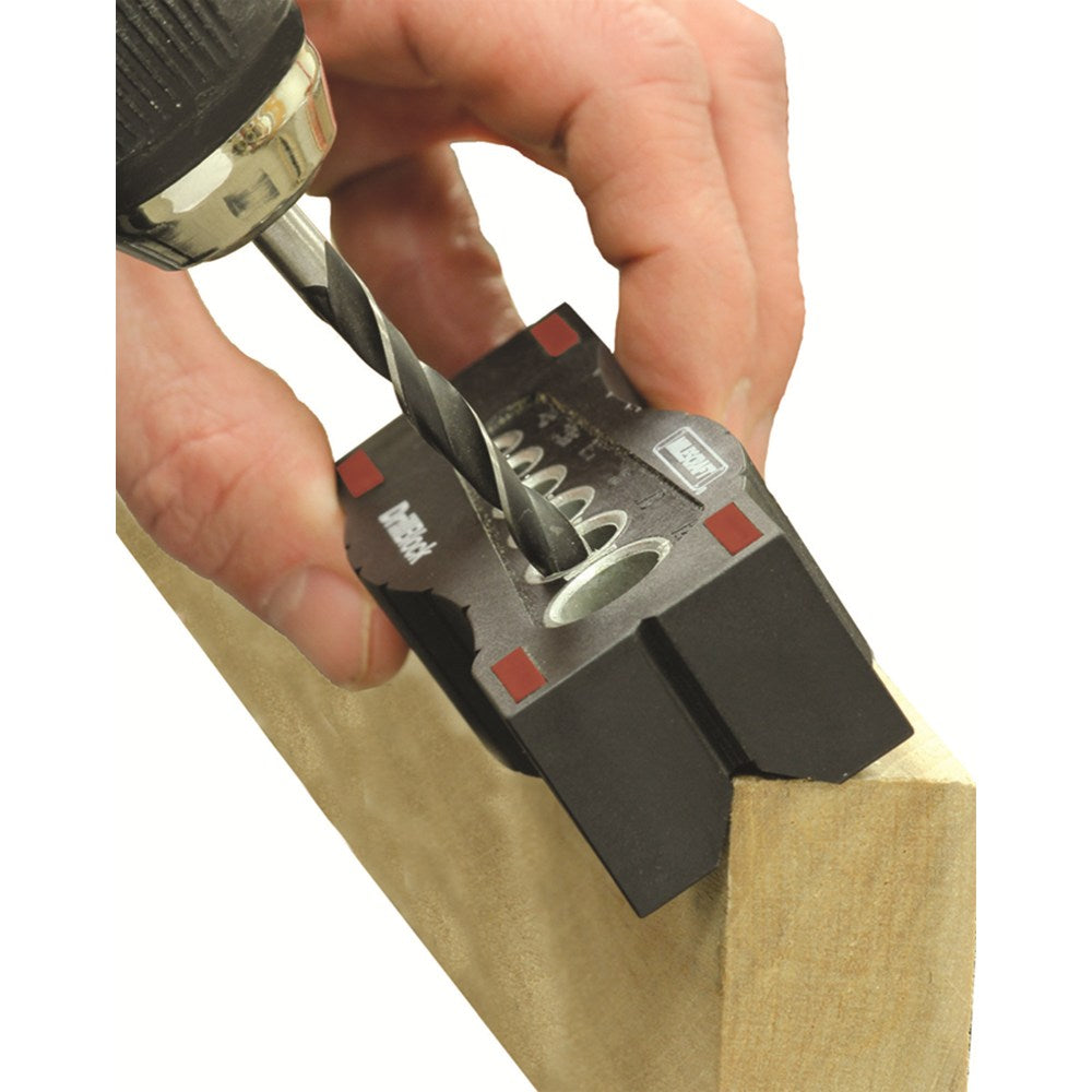 Portable Milescraft DrillBlock Metric Drill Guide in use, ensuring precise and accurate drilling